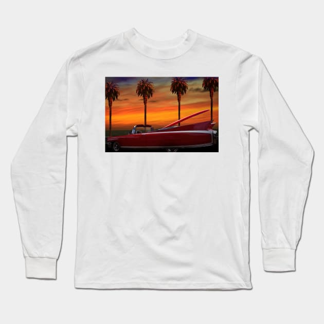 RED CADILLAC CONVERTABLE AND PALM TREES Long Sleeve T-Shirt by Larry Butterworth